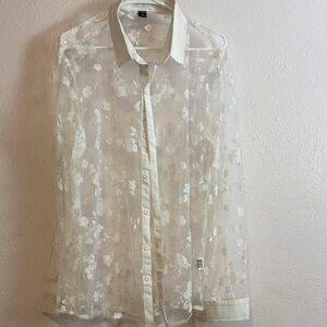 SHEIN Sheer Floral Button Down Shirt - White